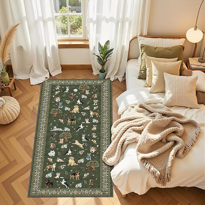 Dog Rug Runner for Entryway, 2x5 Washable Kitchen Mat Ultra-Thin Soft, Non-Slip Indoor Door Carpet Stain Resistant Boho Small Low-Pile Throw for Bathroom Bedroom, Dark Green