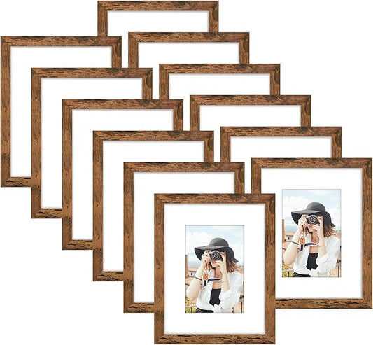 Picrit 11x14 Picture Frame Set of 12, Display 8x10 with Mat or 11x14 without Mat, Photo Frames for Wall Mounting or Table Top Display, Brown