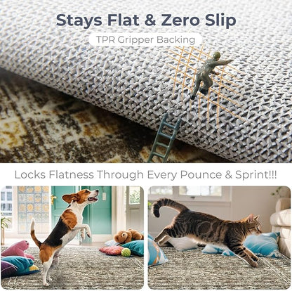 OPPODREAM Vintage Brown Area Rugs 8x10, 8 x 10 Retro Washable Rug Non Slip, Low-Pile Faux Wool Carpet, Distressed Floor Mat for Living Room, Bedroom, Office, Dorm, Dinning Room, Big & Large
