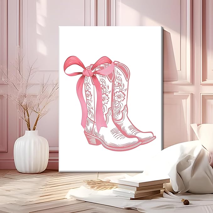 Fashion Pink Bows Wall Art Set of 3, Preppy Watercolor Cherry Cowboy Boots Wall Decor Posters, Cute Aesthetic Room Decor Canvas Prints Picture for College Girl Apartment Bedroom 12x16 Inch Framed