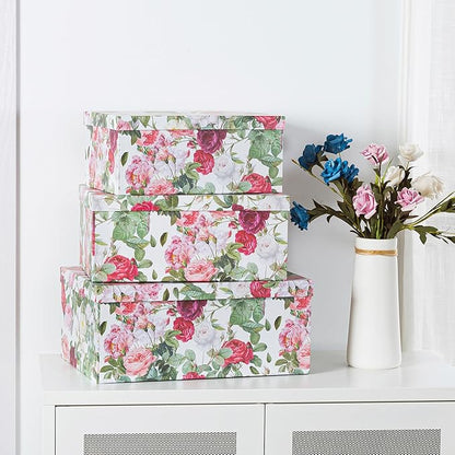 Soul & Lane Decorative Cardboard Storage Boxes with Lids for Home Decor and Organization, Set of 3 Large Keepsake Boxes for Memories & Gifts, Nesting Floral Photo Storage Containers, Rose Romance