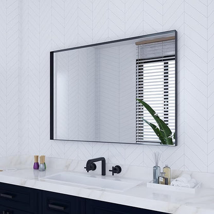 VocalStar Black Bathroom Mirror for Wall, 28 x 40 Inch Square Corner Rectangle Metal Framed Bathroom Vanity Mirror Modern Farmhouse, 1/4-inch Shatterproof Glass | Ultra-Flush Hanging