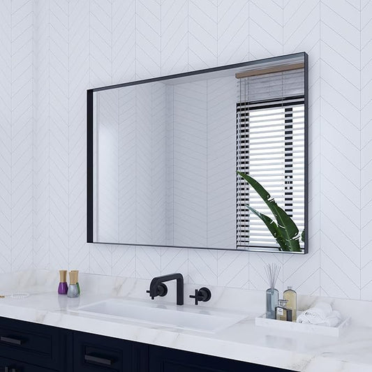 VocalStar Black Bathroom Mirror for Wall, 28 x 40 Inch Square Corner Rectangle Metal Framed Bathroom Vanity Mirror Modern Farmhouse, 1/4-inch Shatterproof Glass | Ultra-Flush Hanging