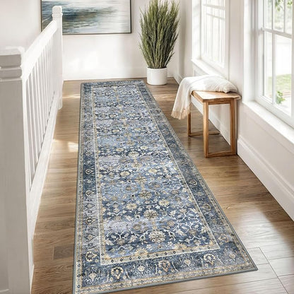 KUTA Vintage Washable Runner Rug, 2.6x8 Blue Grey Beige Runners for Hallways Non-Slip Kitchen Rugs Ultra Thin Soft Printed Distressed Oriental Floor Carpet for Laundry Bedroom Living Room Nursery