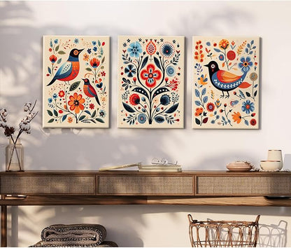 Scandinavian Folk Wall Art Nodic Flower Canvas Wall Decor Norwegian Wall Art Poster Swedish Antique Wall Decor Pictures Floral Bird Prints Vintage Poster for Home Kitchen 16x24x3 Inch Ready to Hang