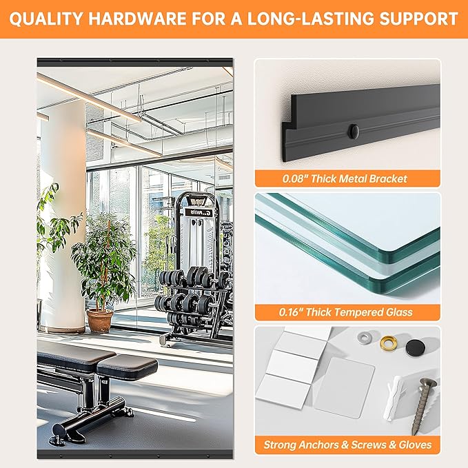 Hasipu Gym Wall Mirror, 72" x 31" Frameless Tempered Glass Full Length Mirror, Wall Mounted Large Full Body Workout Mirror for Home Gym Yoga Dance Studio Garage Living Room Fitness Exercise