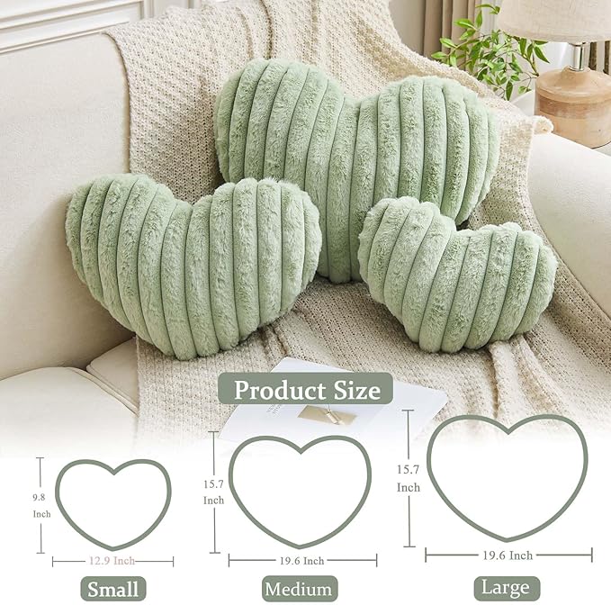 XVTRU Heart Pillows Heart Decorative Pillow Soft Fluffy Heart Shaped Sage Green Throw Pillows with Faux Rabbit Fur Aesthetic Room Decor Cute Pillow for Valentines Mother's Day