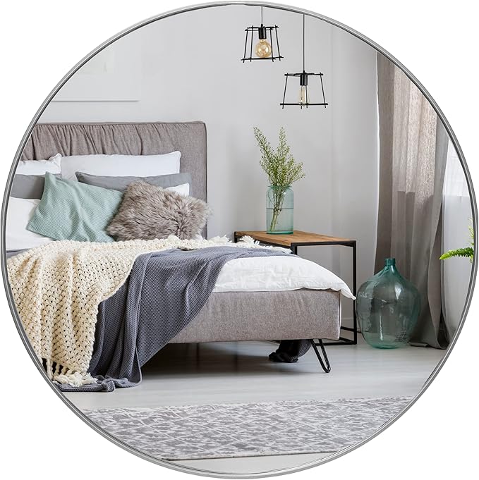 HBCY Creations Small Round Mirror, Silver 20 inch Wall Mirror for Entryway, Bathroom, Living Room and More, Modern Minimalist Mirror for Both Rustic and Boho Design and Decor