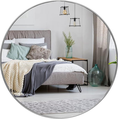 HBCY Creations Medium Round Mirror, Silver 24 inch Wall Mirror for Entryway, Bathroom, Living Room and More, Modern Minimalist Mirror for Both Rustic and Boho Design and Decor