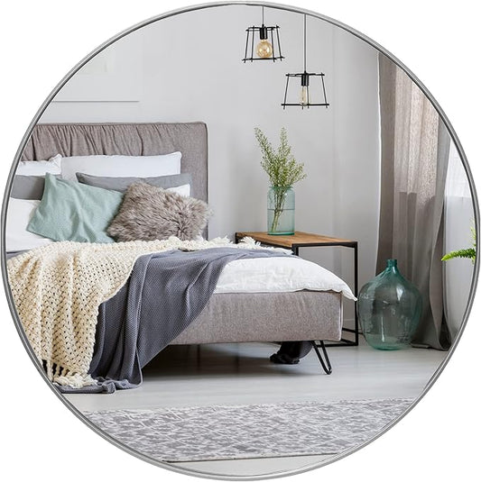 HBCY Creations Medium Round Mirror, Silver 24 inch Wall Mirror for Entryway, Bathroom, Living Room and More, Modern Minimalist Mirror for Both Rustic and Boho Design and Decor