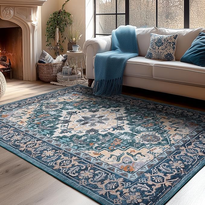 Lessymo Area Rug 5x7, Machine Washable Area Rugs, Super Soft Faux-Wool Area Rugs for Living Room Bedroom Kitchen, Boho Vintage Floral, Non-Slip Low Pile, Kid & Pet Friendly, Dark Green