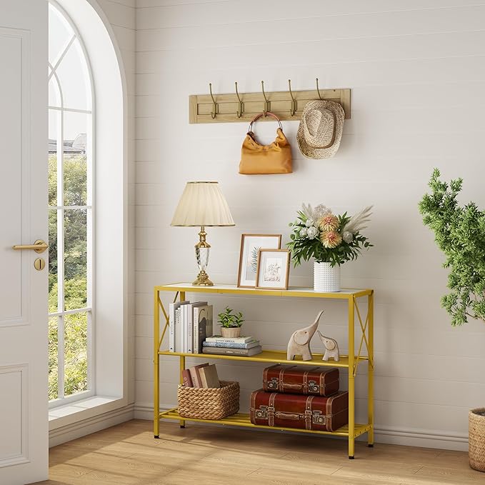 Hoctieon Gold Console Table, 3 Tier Entryway Table with Shelves, Narrow Sofa Table for Hallway, Living Room, Foyer, Office, 42" x 12", Gold and White