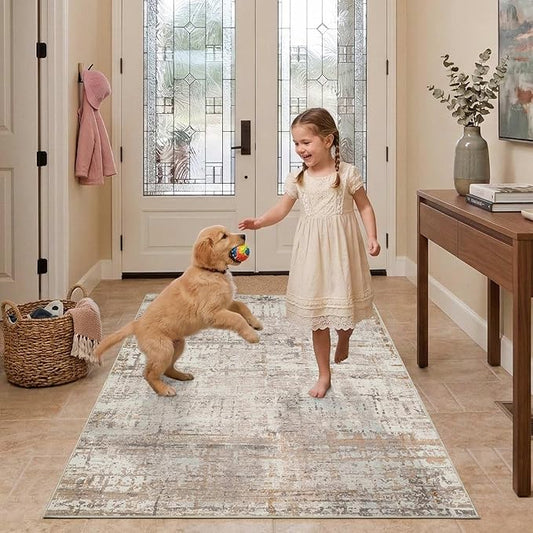 Rugxara 3x5 Washable Entryway Rug, Non Slip Boho Runner Rugs for Hallway, Entrance, Kitchen, Bathroom, Laundry Room, Soft Entryway Carpet, Throw Low Pile Retro Imitation Wool Carpet, Beige Grey