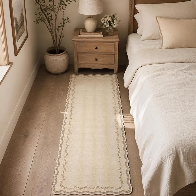 GarveeHome 2.5x8 Scalloped Washable Runner Rug for Kitchen, Soft Jute Long Hallway Runner Non Slip Entryway Rug Farmhouse Thin Laundry Mat Stain Resistant Carpet for Bathroom Beside Rug