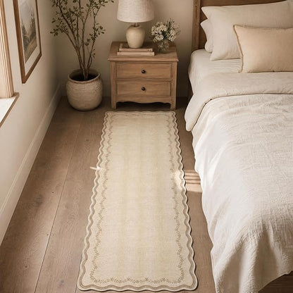 GarveeHome 2.5x8 Scalloped Washable Runner Rug for Kitchen, Soft Jute Long Hallway Runner Non Slip Entryway Rug Farmhouse Thin Laundry Mat Stain Resistant Carpet for Bathroom Beside Rug