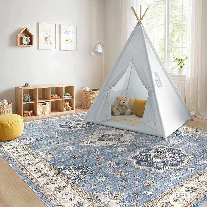 EIEIHOUSE Washable Area Rugs for Living Room -10x14 Neutral Vintage Distressed Floral Farmhouse Boho Large Soft Floor Rug Indoor Non Slip Carpet for Living Room Bedroom Dining Room Office - Blue
