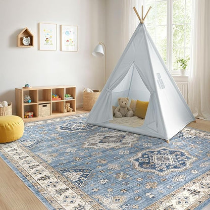 EIEIHOUSE Washable Area Rugs for Living Room - 7x9 Neutral Vintage Distressed Floral Farmhouse Boho Large Soft Floor Rug Indoor Non Slip Carpet for Living Room Bedroom Dining Room Office - Blue