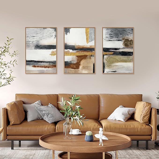 Modern Abstract Framed Canvas Wall Art Set, Neutral Textured Wall Decor, Boho Minimalist Gold and Gray Wall Painting for Living Room, Bedroom, Dining Room, Office - 24" x36" x3