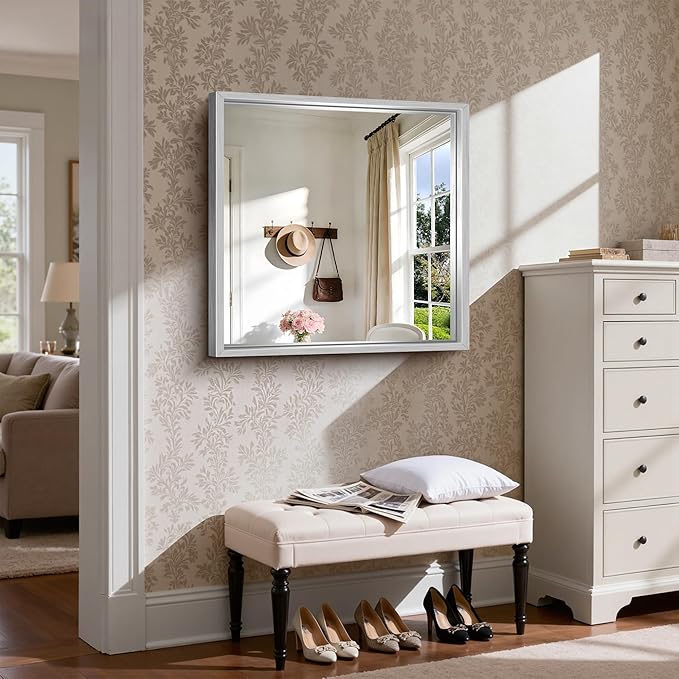 CIRCUMI 30"x30" Brushed Silver Mirror with Chunky Box Metal Frame, Bathroom Mirror for Vanity Remodel & New Home, Living Room, Entryway, Square Wall Mirror, Tempered Glass, Vertical or Horizontal