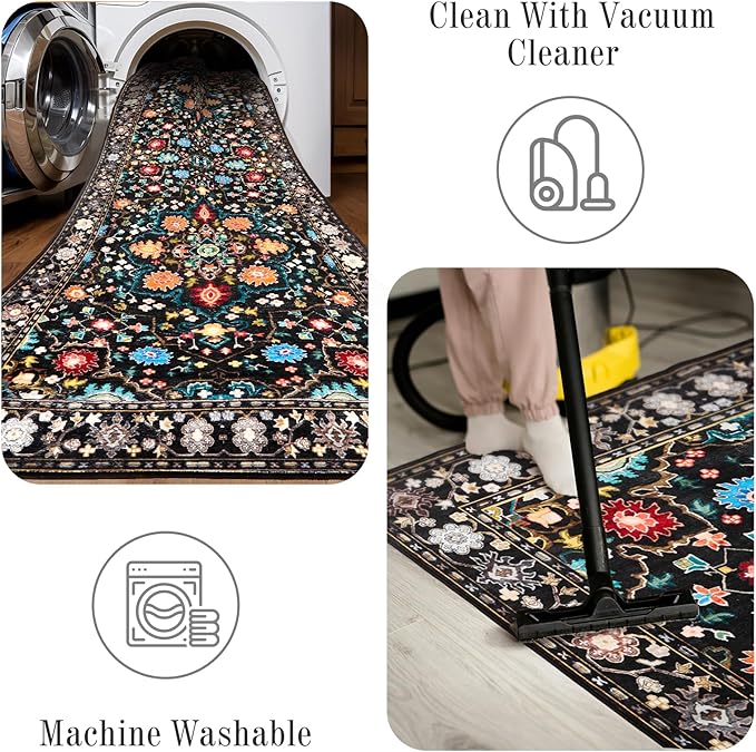 8x10 Area Rugs for Living Room, Machine Washable Vintage Rug, Non-Slip Low Pile Throw Rugs with Rubber Backing Washable Carpet for Bedroom Dining Room Kitchen Home Decor, Black