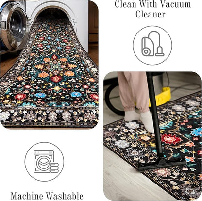 8x10 Area Rugs for Living Room, Machine Washable Vintage Rug, Non-Slip Low Pile Throw Rugs with Rubber Backing Washable Carpet for Bedroom Dining Room Kitchen Home Decor, Black