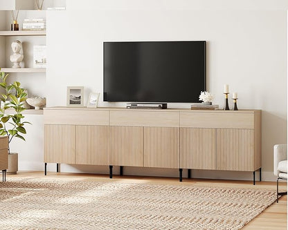 WAMPAT Fluted TV Stand TVs up to 100 inch, 94.5" W Modern TV Entertainment Center with Storage Cabinets and 3 Drawers & 6 Doors, Wood Media TV Console Table with Storage for Living Room, Beige