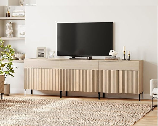 WAMPAT Fluted TV Stand TVs up to 100 inch, 94.5" W Modern TV Entertainment Center with Storage Cabinets and 3 Drawers & 6 Doors, Wood Media TV Console Table with Storage for Living Room, Beige