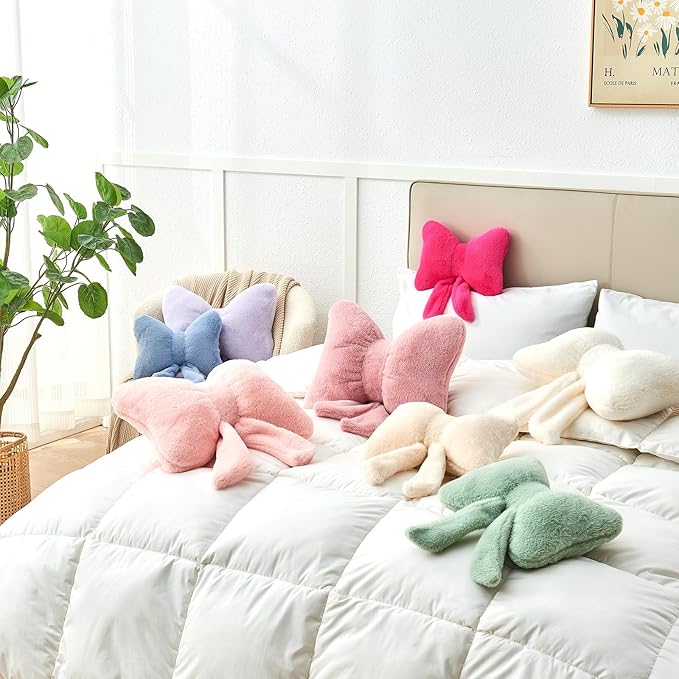 Dusty Blue Bow Pillow,16'' Bow Decorative Pillows with Faux Rabbit Fur,Soft Bow Throw Pillows Aesthetic Bow Shaped Pillow for Bed Sofa Couch Home Decor