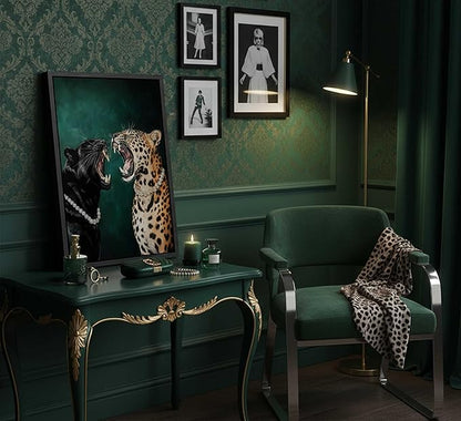 Framed Cheetah Canvas Wall Art Emerald Green Vintage Leopard Painting Picture Wall Decor Wild Animals Poster Print Artwork for Bedroom Living Room Apartment Home Decoration