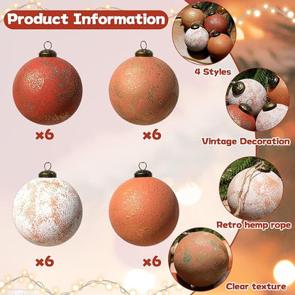 24Pcs 2.36'' Large Rustic Vintage Neutral Textured Farmhouse Brown 2025 Christmas Ornaments Ball for Christmas Tree Decor,Boho Orange Copper Hanging Xmas Ornaments Shatterproof Ball for Home Decor