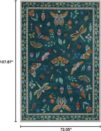 Lahome Insect Print Washable Rugs for Living Room, Soft Area Rug 6x9 Rug for Bedroom Ultra-Thin Dining Room Rug, Stain Resistant Large Carpet for Office Nursery Vionnet(6'x9',Dark Green)
