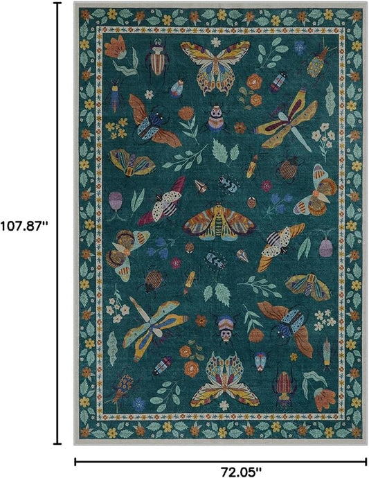 Lahome Insect Print Washable Rugs for Living Room, Soft Area Rug 6x9 Rug for Bedroom Ultra-Thin Dining Room Rug, Stain Resistant Large Carpet for Office Nursery Vionnet(6'x9',Dark Green)