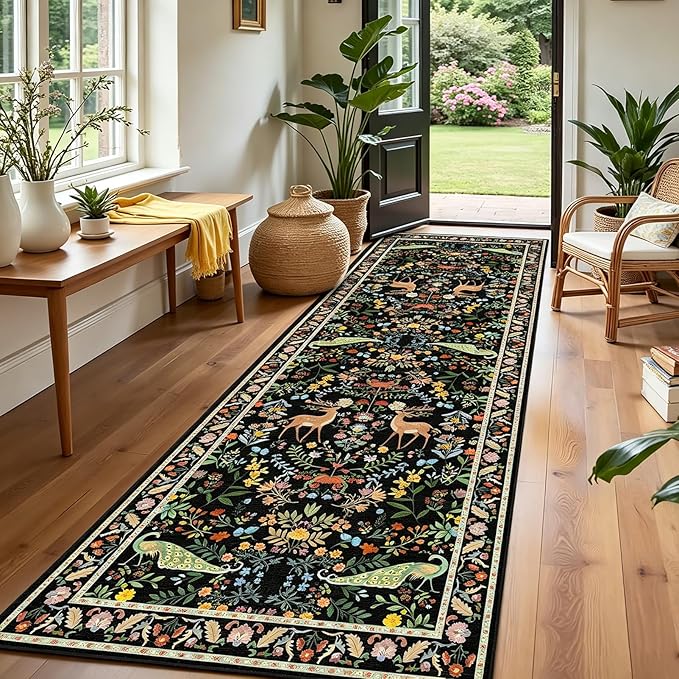 Black Floral 2'6"x8' Washable Non Slip Runner Rugs for Hallways, Non Skid Stain Resistant Rug Runners for Kitchen, Entryway, Mudroom - Dark Floral Cottagecore Home Decor