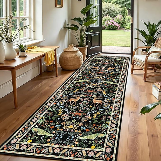 Black Floral 2'6"x8' Washable Non Slip Runner Rugs for Hallways, Non Skid Stain Resistant Rug Runners for Kitchen, Entryway, Mudroom - Dark Floral Cottagecore Home Decor