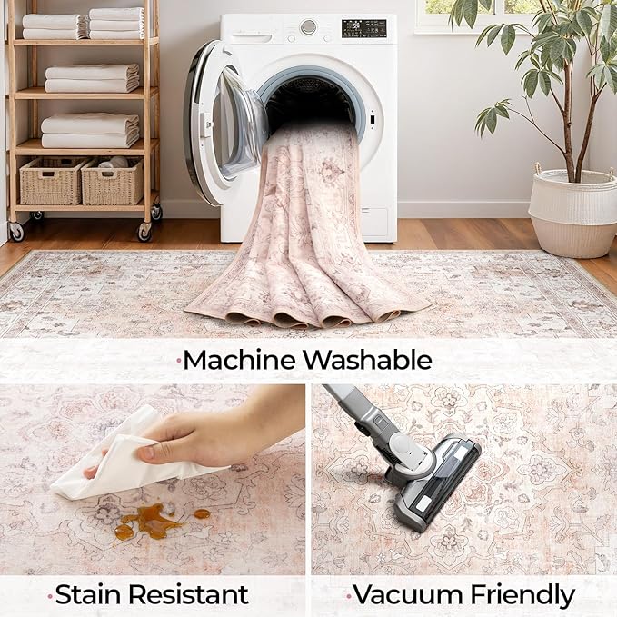 CAPALOCA Machine Washable Rugs Nursery Rug Sq6ft Cute Girl Non Slip Low Pile Water Repellent Soft Print Pattern for Bedroom Indoor Decor Kids Playroom Pink