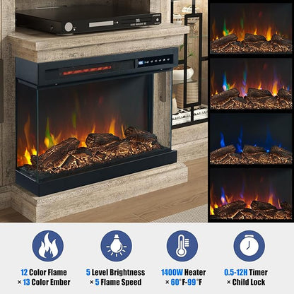 59 Inch LED TV Stand with 3-Side Glass Fireplace, Modern Media Entertainment Center Console Table for TVs up to 65 Inch with Adjustable Color, 24’’ Fireplace, Highboy, Grey Wash