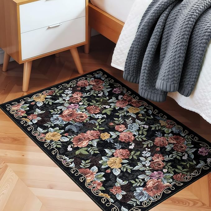 2x3 Machine Washable Area Rug for Entryway, Dark Blue Black Vintage Boho Floral Rug Non-Slip Low Pile Soft Faux Wool Small Carpet, Kids and Pets Friendly for Bedroom Kitchen Hallway Bedside Decor Rug