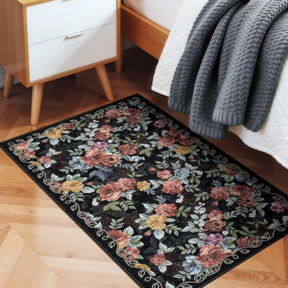 2x3 Machine Washable Area Rug for Entryway, Dark Blue Black Vintage Boho Floral Rug Non-Slip Low Pile Soft Faux Wool Small Carpet, Kids and Pets Friendly for Bedroom Kitchen Hallway Bedside Decor Rug