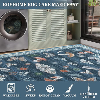 ROYHOME Mushroom Insect Rug 2x6 Runners for Hallways, Boho Kitchen Runner Rugs Non Slip Bath, Modern Washable Rug for Bedroom, Soft Long Rugs for Entryway Bathroom Laundry Dorm, Blue