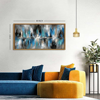 Black Framed Navy Blue Abstract Canvas Wall Art Modern Minimalist Painting for Bedroom Neutral White Blue and Grey Picture Wall Decor Graffiti Artwork for Bathroom Living Room Home Decoration 24x48