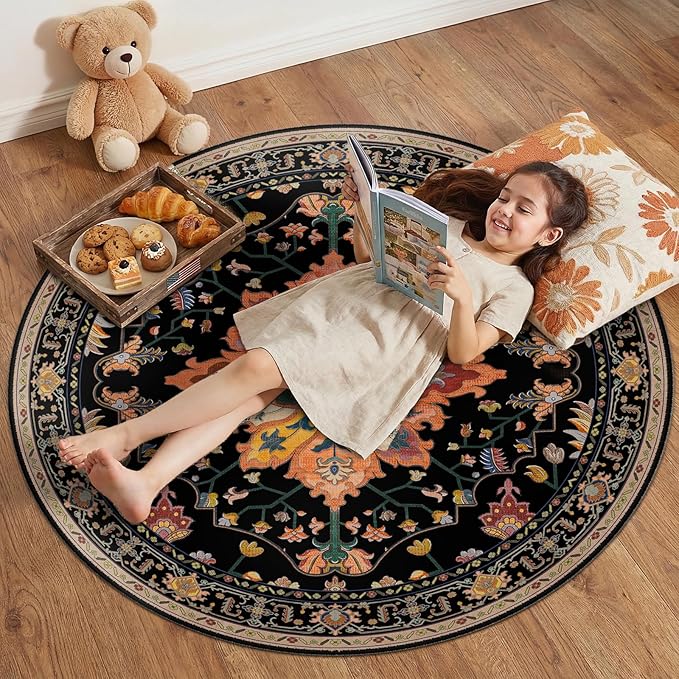 RELEANY Area Rugs Round 4ft Washable Non-Slip, Floral Vintage Distress Print Pattern Medallion Carpet for Living Room Bedroom Dining Room, Black Colorful Floral Dark Tan