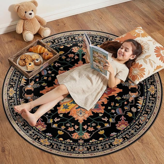 RELEANY Area Rugs Round 4ft Washable Non-Slip, Floral Vintage Distress Print Pattern Medallion Carpet for Living Room Bedroom Dining Room, Black Colorful Floral Dark Tan