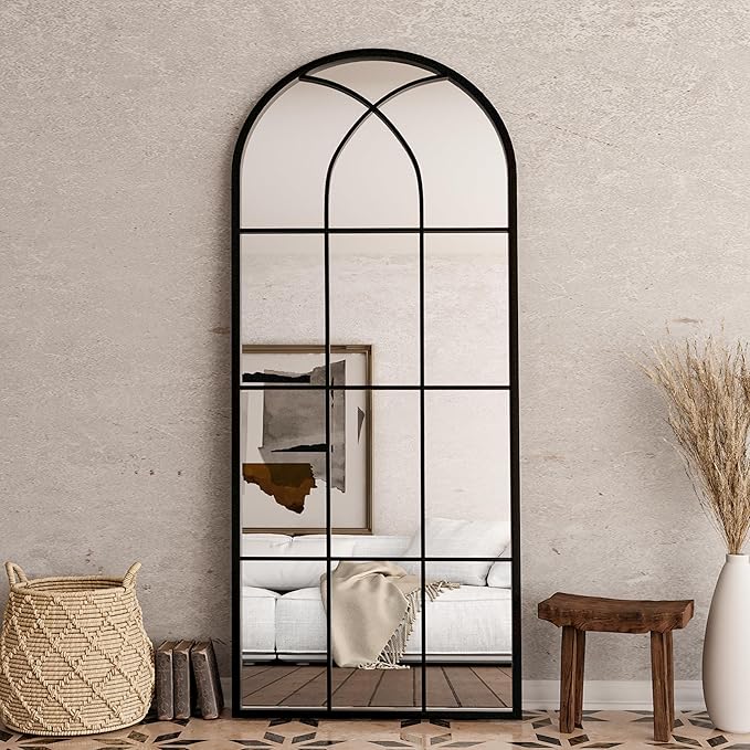 Mirror Full Length, 71"x32" Large Arched Mirror, Black Full Body Window Pane Mirrors, Oversize Farmhouse Standing Wall Mirrors Hanging or Leaning for Living Room, Entryway, No Stand