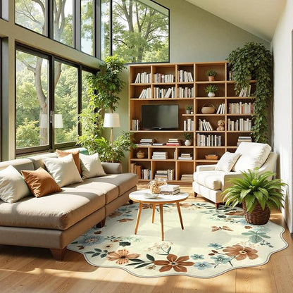 Lahome Floral Washable Round Area Rug, Round Rug 5ft Soft Non-Slip, Non-Shedding Boho Circle Carpet for Bedroom Living Room Bathroom Nursery Kitchen Flore, Beige
