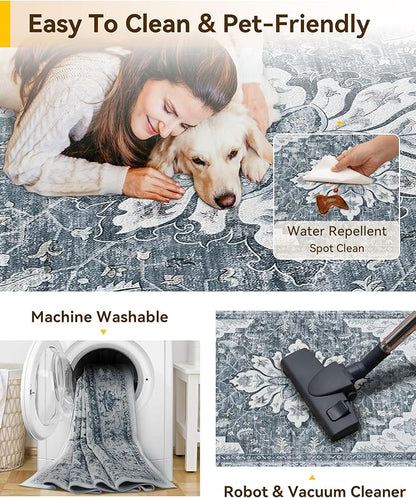 RELEANY Area Rugs Square 4ft Washable Non-Slip, Floral Vintage Distress Print Pattern Medallion Carpet for Living Room Bedroom Dining Room, Light Gray Grey White