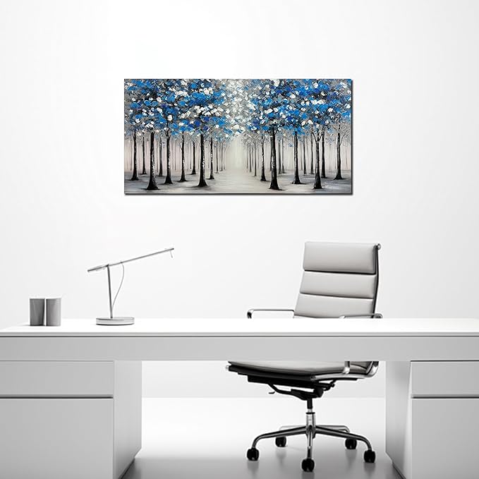 Trogonup Large Forest Wall Art for Living Room Blue and White Trees Landscape Painting Modern Textured Oil Painting for Bedroom Office Home Decor 20x40 Inch