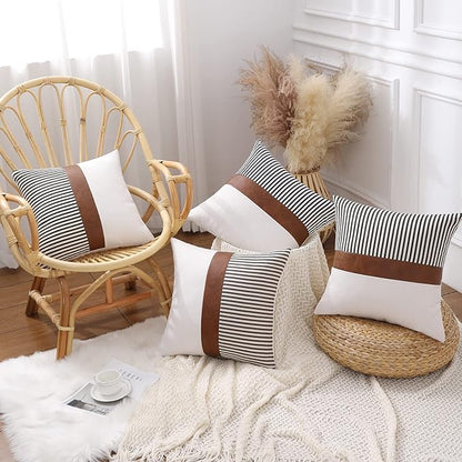 Mecatny Set of 2 Faux Leather Throw Pillows 18x18 with Inserts, Boho Striped Farmhouse Outdoor Pillows, Decorative Accent Cushions for Couch, Patio & Living Room, Navy