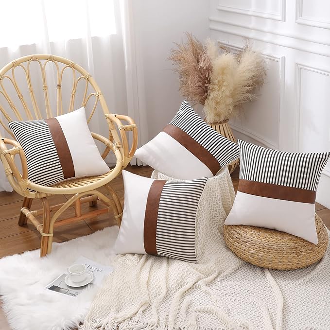 Mecatny Set of 2 Faux Leather Throw Pillows 18x18 with Inserts, Boho Striped Farmhouse Outdoor Pillows, Decorative Accent Cushions for Couch, Patio & Living Room, Grey