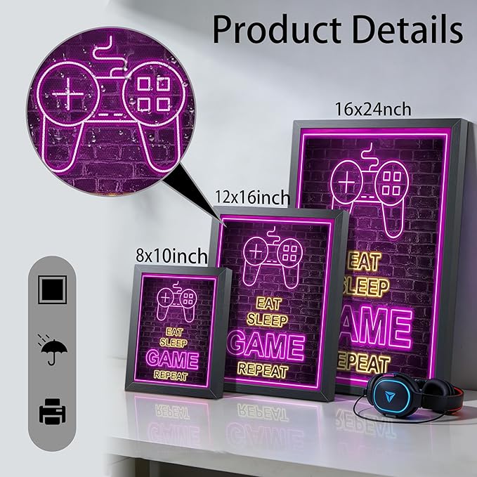 Framed Game Wall Art, Boys Game Room Wall Decor Painting, Purple Neon Gaming Controller Canvas Print Poster for Kids Room Teen Bedroom Game Room 8x10 Inch