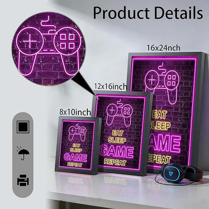 Framed Game Wall Art, Boys Game Room Wall Decor Painting, Purple Neon Gaming Controller Canvas Print Poster for Kids Room Teen Bedroom Game Room 8x10 Inch